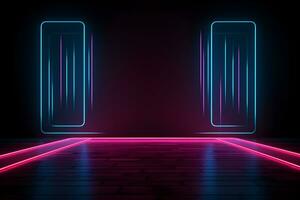 dark room with neon lights glowing lines futuristic retro, Empty background scene. Dark street spotlight reflection Rays neon light in the dark, neon figures abstract spotlight, AI generate photo
