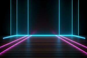 dark room with neon lights glowing lines futuristic retro, Empty background scene. Dark street spotlight reflection Rays neon light in the dark, neon figures abstract spotlight, AI generate photo
