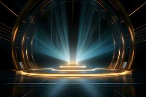 3D stage with bright golden light shining from a dark background, ai generate photo