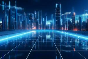 Skyline at night technology background with modern building and city, AI generate photo