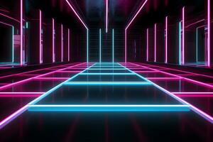dark room with neon lights glowing lines futuristic retro, Empty background scene. Dark street spotlight reflection Rays neon light in the dark, neon figures abstract spotlight, AI generate photo