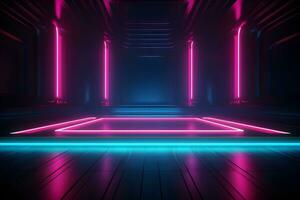 dark room with neon lights glowing lines futuristic retro, Empty background scene. Dark street spotlight reflection Rays neon light in the dark, neon figures abstract spotlight, AI generate photo