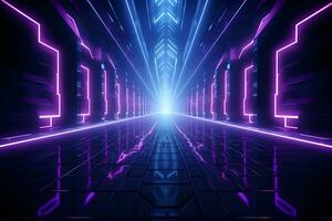 dark room with neon lights glowing lines futuristic retro, Empty background scene. Dark street spotlight reflection Rays neon light in the dark, neon figures abstract spotlight, AI generate photo