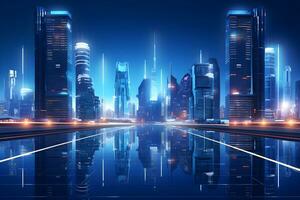 Skyline at night technology background with modern building and city, AI generate photo