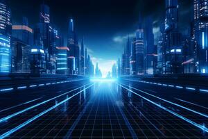 Skyline at night technology background with modern building and city, AI generate photo