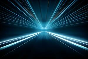 abstract blue rays light shining out of large open space background, AI generate photo