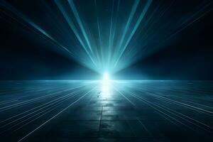 abstract blue rays light shining out of large open space background, AI generate photo