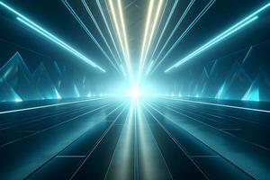 abstract blue rays light shining out of large open space background, AI generate photo