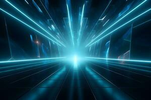 abstract blue rays light shining out of large open space background, AI generate photo