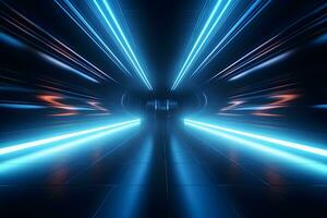 abstract blue rays light shining out of large open space background, AI generate photo