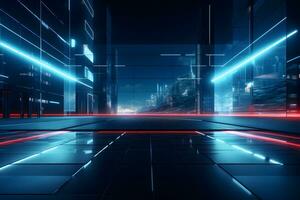 abstract background with lines Skyline at night technology background with modern building and city, AI generate photo