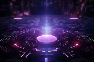 technology background with code glowing lights abstract design concept in purple colors, AI generate photo