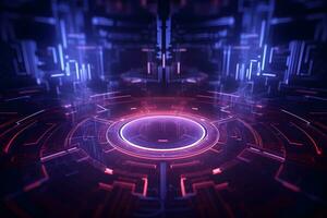 technology background with code glowing lights abstract design concept in purple colors, AI generate photo