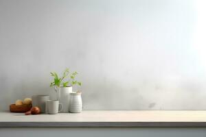 blank shelf for display of presentation product with Gray wall room with windows showing sunlight, vase and pot with a plant in the style of minimalist background, modern interior concept, AI generate photo