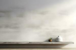 blank shelf for display of presentation product with Gray wall room with windows showing sunlight, vase and pot with a plant in the style of minimalist background, modern interior concept, AI generate photo