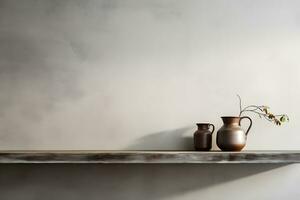 blank shelf for display of presentation product with Gray wall room with windows showing sunlight, vase and pot with a plant in the style of minimalist background, modern interior concept, AI generate photo