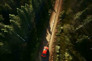 Road through the green forest, Aerial view red car drive going through forest, Aerial top view forest, AI generate photo