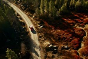 Road through the green forest, Aerial view red car drive going through forest, Aerial top view forest, AI generate photo