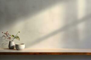 blank shelf for display of presentation product with Gray wall room with windows showing sunlight, vase and pot with a plant in the style of minimalist background, modern interior concept, AI generate photo