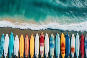 Aerial top view of surf board on the sea beach, AI generate photo