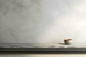 blank shelf for display of presentation product with Gray wall room with windows showing sunlight, vase and pot with a plant in the style of minimalist background, modern interior concept, AI generate photo