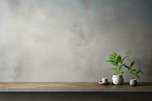 blank shelf for display of presentation product with Gray wall room with windows showing sunlight, vase and pot with a plant in the style of minimalist background, modern interior concept, AI generate photo
