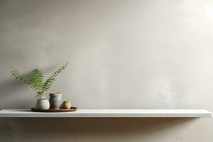 blank shelf for display of presentation product with Gray wall room with windows showing sunlight, vase and pot with a plant in the style of minimalist background, modern interior concept, AI generate photo