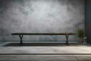 Table for display of presentation product with concrete wall and floor room with windows showing sunlight, in the style of minimalist background, modern interior concept, AI generate photo