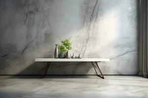 Table for display of presentation product with concrete wall and floor room with windows showing sunlight, in the style of minimalist background, modern interior concept, AI generate photo