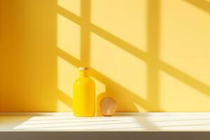 Table for display of product with yellow wall room with windows showing sunlight, vase and pot with a plant in the style of minimalist background, modern interior concept, AI generate photo