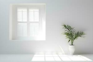 White wall room with sunlight window, vase and pot with a plant in the style of minimalist background, mockup for display of product modern interior concept, AI generate photo