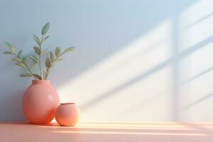 pastel wall room with sunlight window, vase and pot with a plant in the style of minimalist background, mockup for display of presentation product modern interior concept, AI generate photo