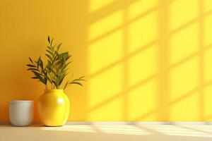 yellow wall room with windows showing sunlight, vase and pot with a plant in the style of minimalist background, mockup for display of product modern interior concept, AI generate photo