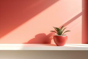 Table for display of presentation product with red wall room with windows showing sunlight, vase and pot with a plant in the style of minimalist background, modern interior concept, AI generate photo