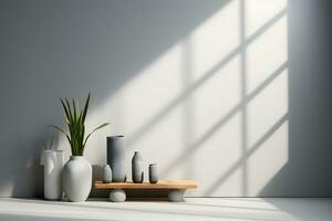 Table for display of presentation product with Gray wall room with windows showing sunlight, vase and pot with a plant in the style of minimalist background, modern interior concept, AI generate photo