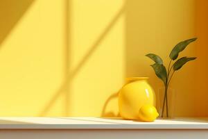 Table for display of product with yellow wall room with windows showing sunlight, vase and pot with a plant in the style of minimalist background, modern interior concept, AI generate photo