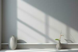 Table for display of presentation product with Gray wall room with windows showing sunlight, vase and pot with a plant in the style of minimalist background, modern interior concept, AI generate photo