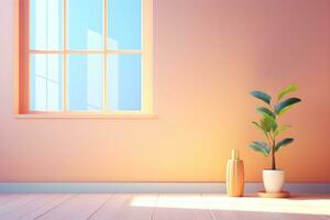 Table for display of presentation product with red wall room with windows showing sunlight, vase and pot with a plant in the style of minimalist background, modern interior concept, AI generate photo