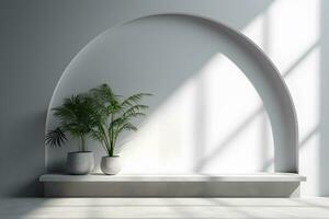 Table for display of presentation product with Gray wall room with windows showing sunlight, vase and pot with a plant in the style of minimalist background, modern interior concept, AI generate photo