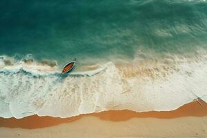 Aerial top view of a boat on the sea beach, AI generate photo