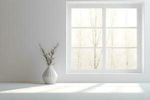 White wall room with sunlight window, vase and pot with a plant in the style of minimalist background, mockup for display of product modern interior concept, AI generate photo