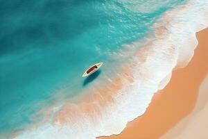 aéreo parte superior ver de un barco en el mar playa, ai generar foto