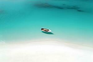 aéreo parte superior ver de un barco en el mar playa, ai generar foto