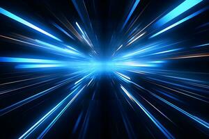 abstract modern blue background science, futuristic, energy technology concept. Digital image of light rays, stripes lines with blue light, speed and motion blur over dark blue background, AI generate photo