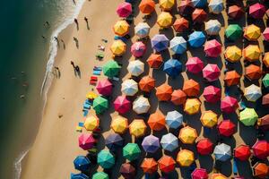 Aerial top view on the beach. Colorful Umbrellas, sand and sea beach, AI generate photo