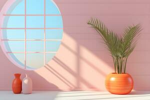 pastel wall room with sunlight window, vase and pot with a plant in the style of minimalist background, mockup for display of presentation product modern interior concept, AI generate photo