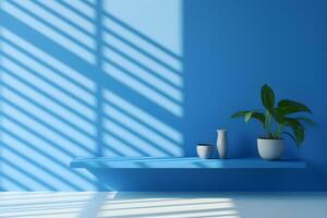 Table for display of presentation product with blue wall room with windows showing sunlight, vase and pot with a plant in the style of minimalist background, modern interior concept, AI generate photo