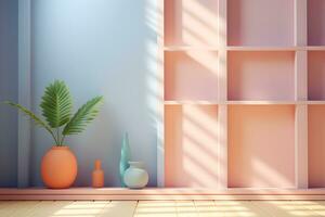 pastel wall room with sunlight window, vase and pot with a plant in the style of minimalist background, mockup for display of presentation product modern interior concept, AI generate photo