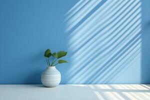 blue wall room with sunlight window, vase and pot with a plant in the style of minimalist background, mockup for display of presentation product modern interior concept, AI generate photo