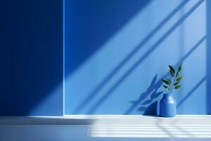 azul pared habitación con luz de sol ventana, florero y maceta con un planta en el estilo de minimalista fondo, Bosquejo para monitor de presentación producto moderno interior concepto, ai generar foto